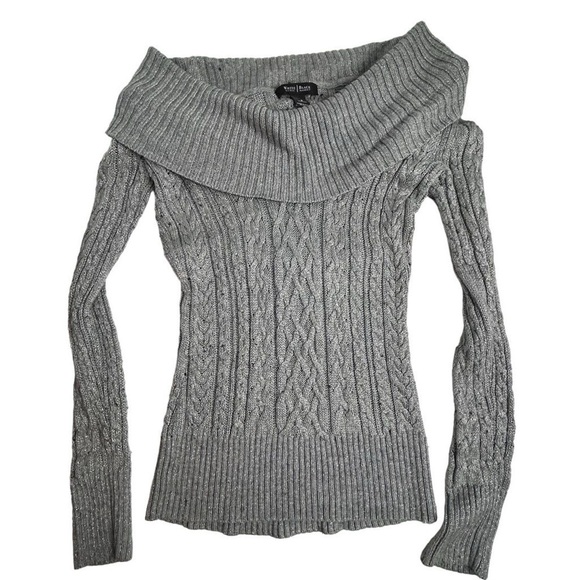 White House Black Market Silver Gray Cable Knit Cowl Neck Sweater Size S - Picture 1 of 10